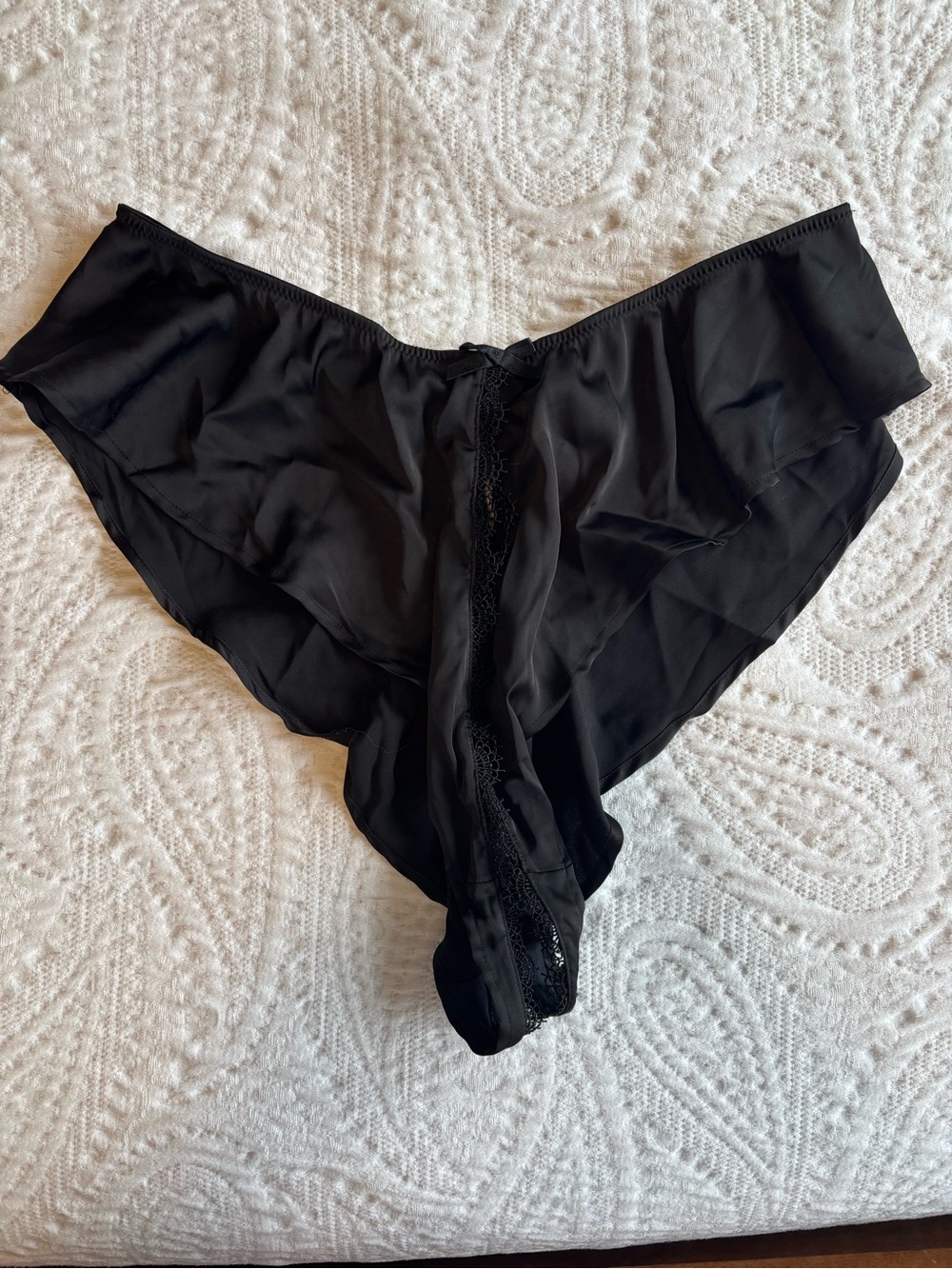 Playful Promises Black Satin And Lace Trim Ouvert Brief Size 12 (XL)